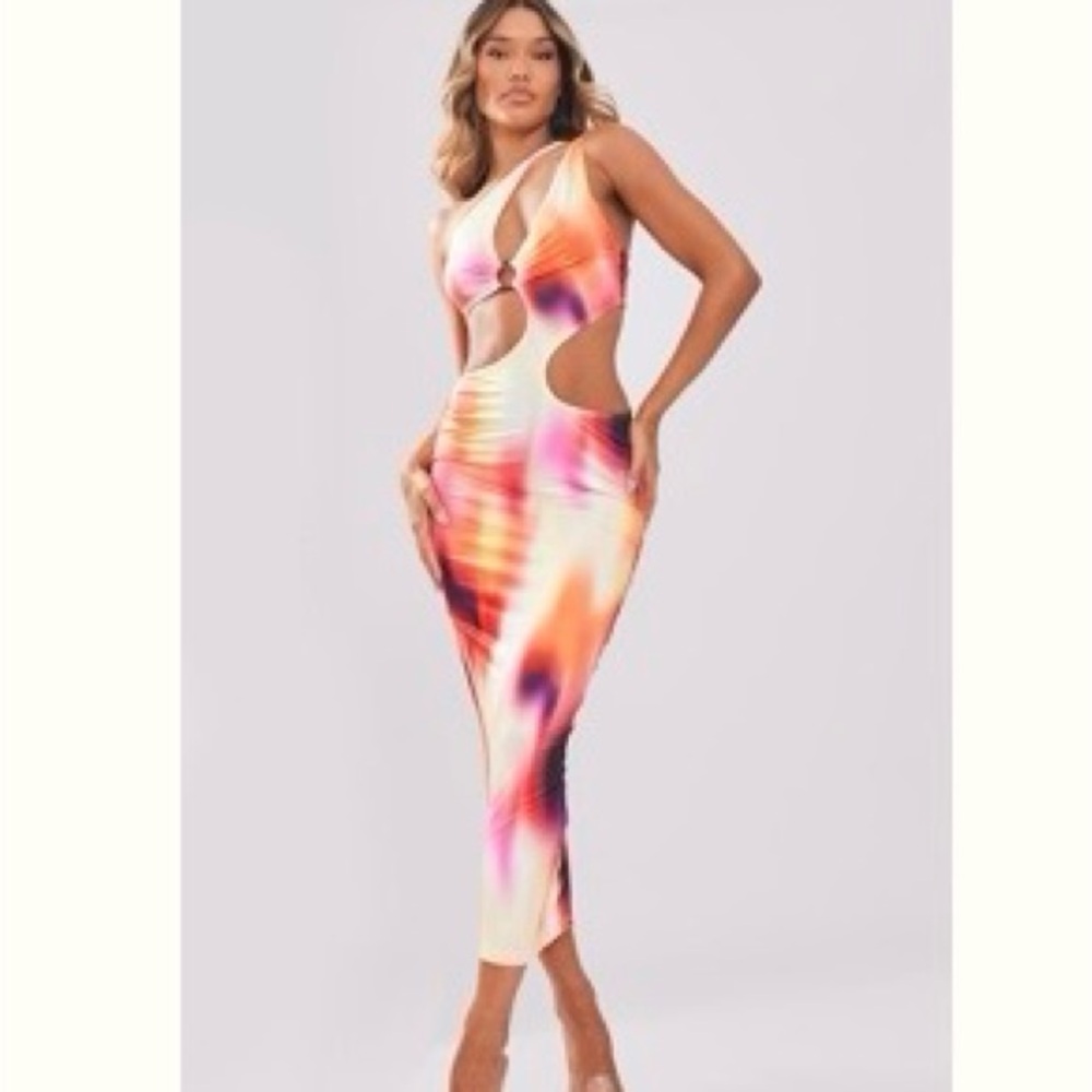 PrettyLittleThing Multi Blurred Print Slinky Cut Out Maxi Dress